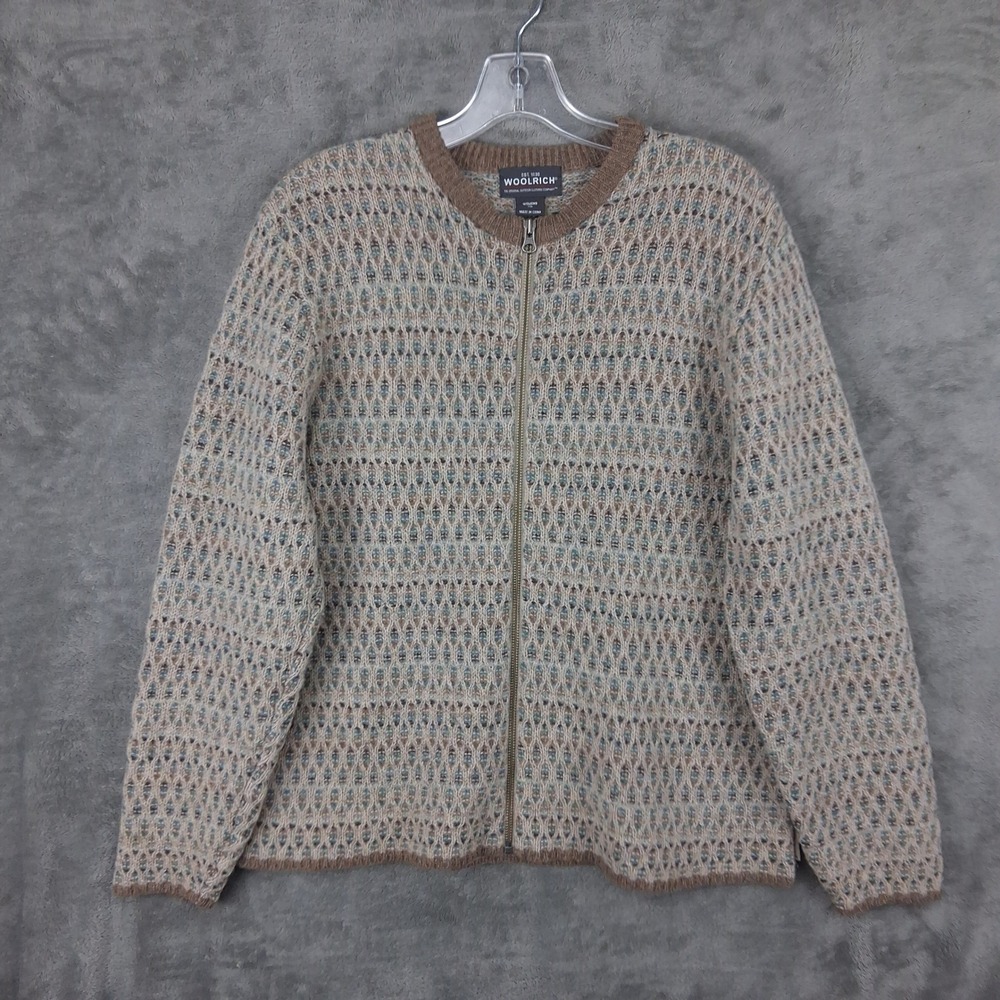 Woolrich Womens XL Oatmeal 100% Wool Full Zip Cardigan Sweater 9200 Textured